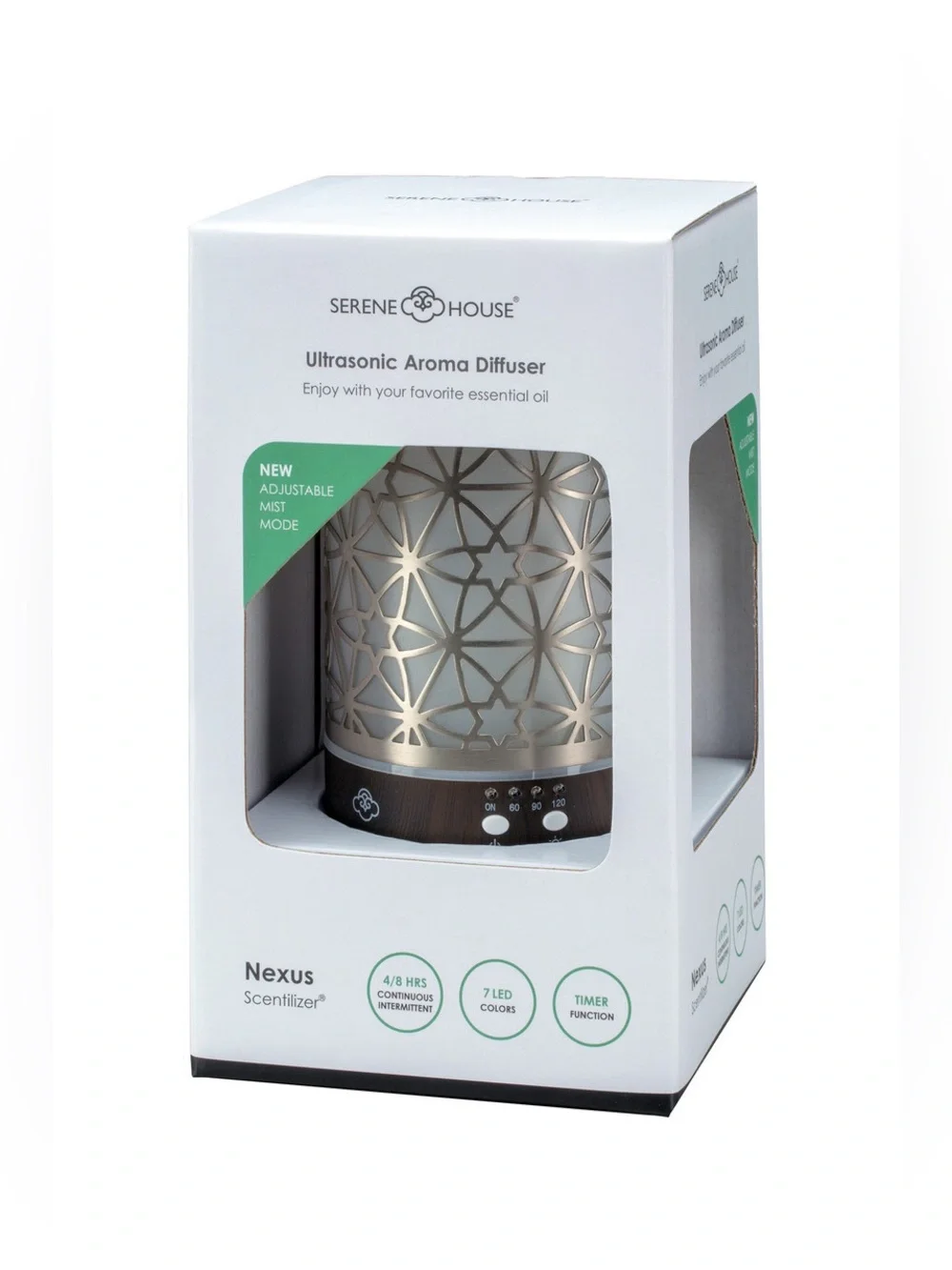 NIB Serene House Nexus Silver Metal Ultrasonic Aroma Diffuser w Adjustable Mist